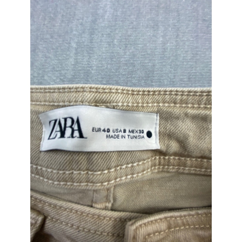 Zara Womens High Waisted Wide Leg Jeans Tan Khaki Raw Hem Size 8 EUR 40 - Picture 4 of 5